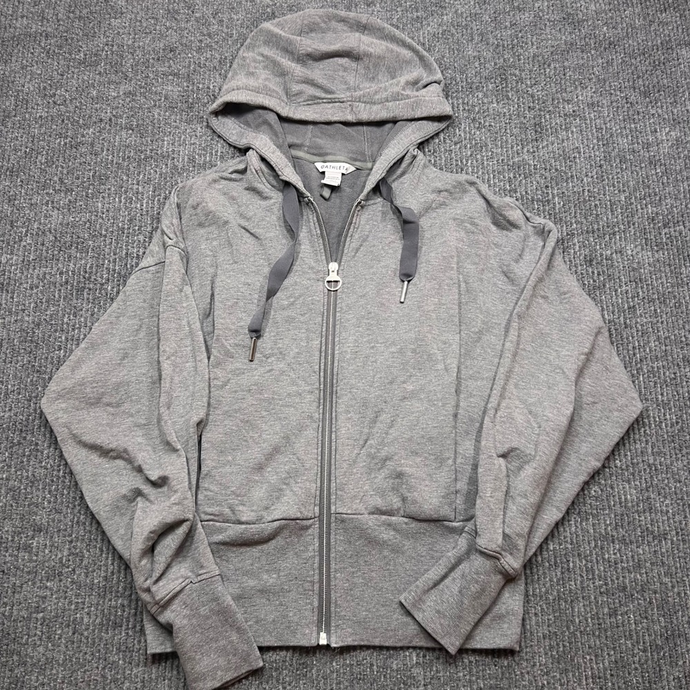 Athleta Balance Luxe Full Zip Hoodie Grey Heathered Sweatshirt XS crop pleated - Picture 1 of 8